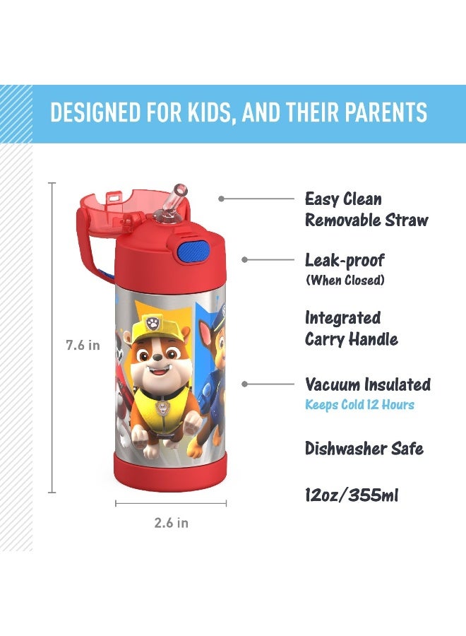 Funtainer Water Bottle With Straw - 12 Ounce, Paw Patrol - Kids Stainless Steel Vacuum Insulated Water Bottle With Lid