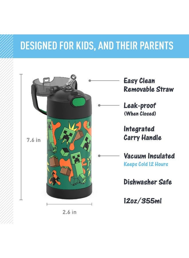 Funtainer Water Bottle With Straw - 12 Ounce, Minecraft - Kids Stainless Steel Vacuum Insulated Water Bottle With Lid