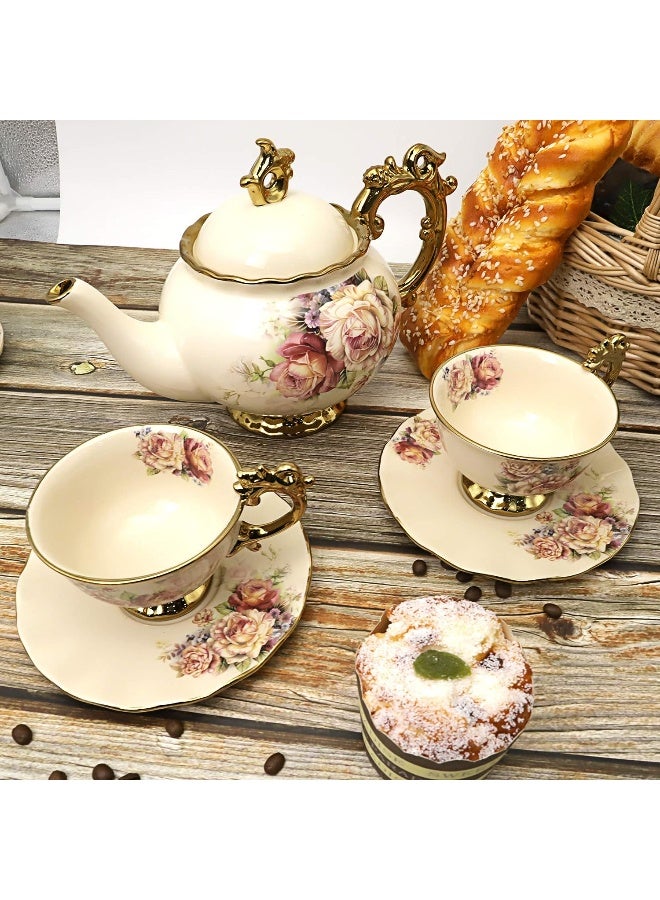 15 Pieces British Porcelain Tea Set, Floral Vintage China Coffee Set, Wedding Tea Service For Adult, Big Tea Cup