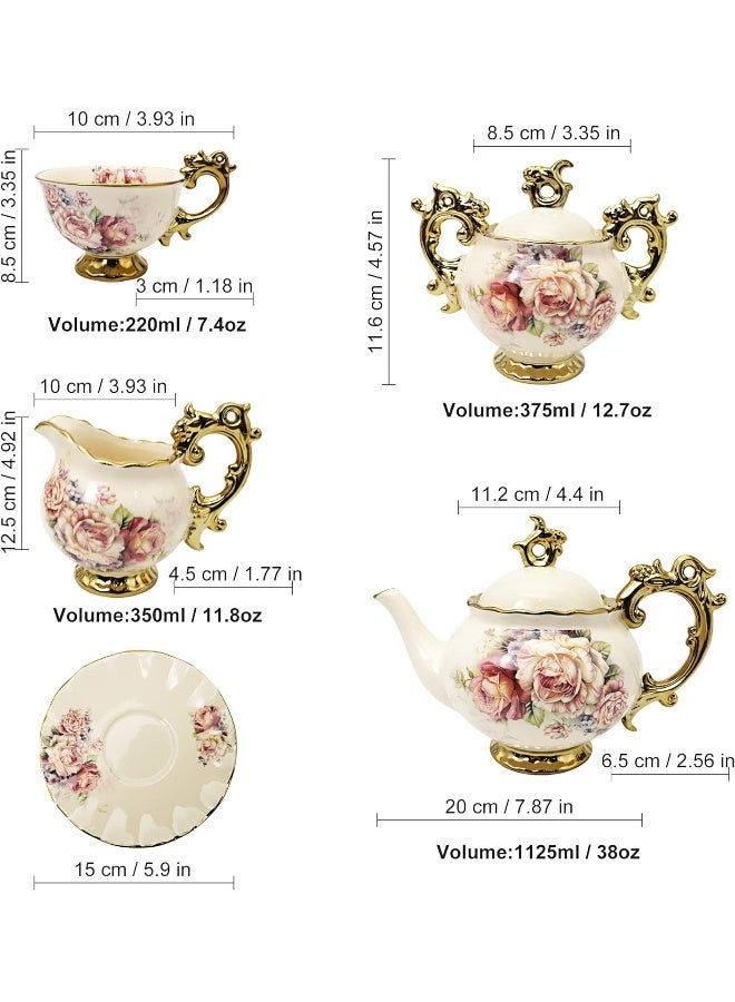 15 Pieces British Porcelain Tea Set, Floral Vintage China Coffee Set, Wedding Tea Service For Adult, Big Tea Cup