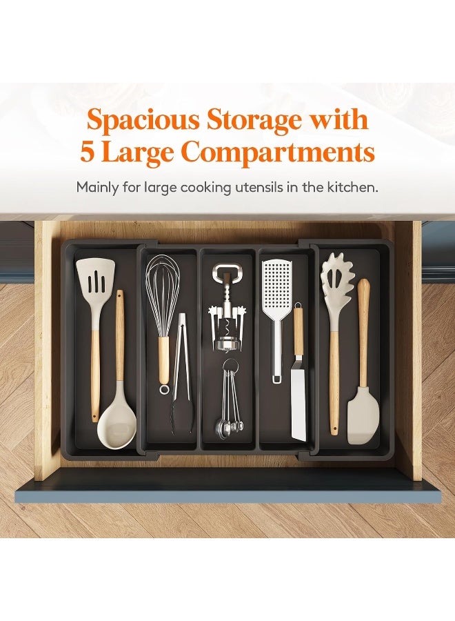 Utensil Organizer For Kitchen Drawers, Expandable Cooking Utensil Tray, Adjustable Cutlery Silverware Flatware Holder, Plastic Kitchen Spatula Tools And Gadgets Storage Divider, Large, Black