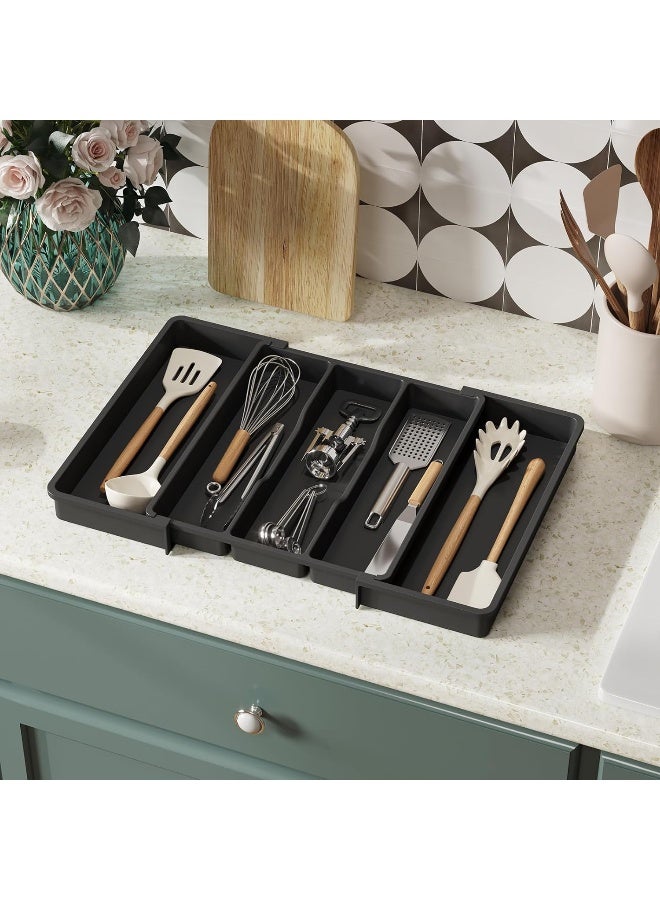 Utensil Organizer For Kitchen Drawers, Expandable Cooking Utensil Tray, Adjustable Cutlery Silverware Flatware Holder, Plastic Kitchen Spatula Tools And Gadgets Storage Divider, Large, Black