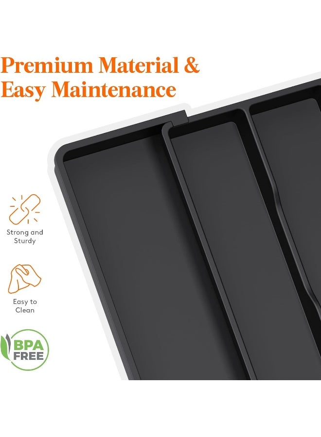 Utensil Organizer For Kitchen Drawers, Expandable Cooking Utensil Tray, Adjustable Cutlery Silverware Flatware Holder, Plastic Kitchen Spatula Tools And Gadgets Storage Divider, Large, Black