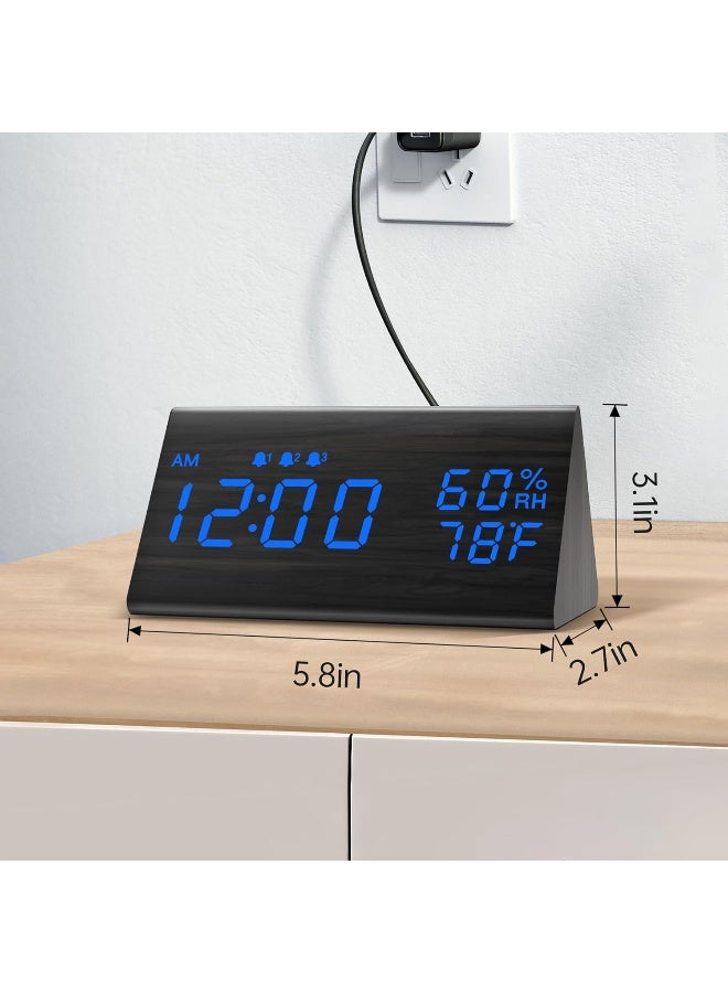 Digital Alarm Clock, With Wooden Electronic Led Time Display, 3 Alarm Settings, Humidity And Temperature Detect, Wood Made Electric Clocks For Bedroom, Bedside, Blue Digit Display