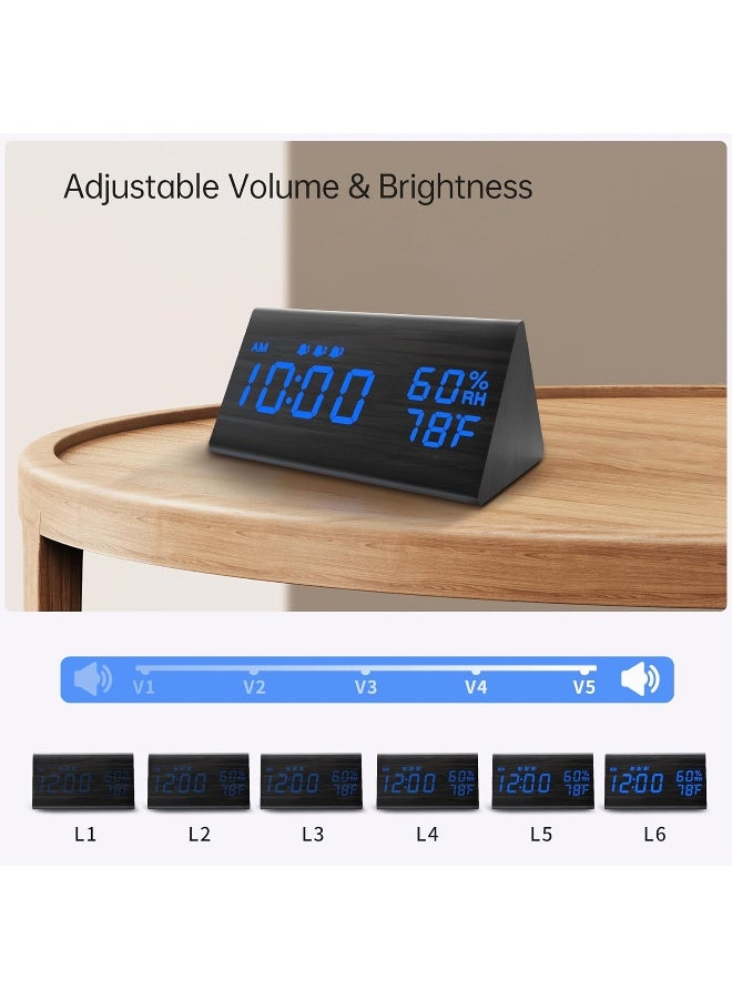 Digital Alarm Clock, With Wooden Electronic Led Time Display, 3 Alarm Settings, Humidity And Temperature Detect, Wood Made Electric Clocks For Bedroom, Bedside, Blue Digit Display
