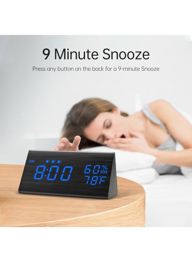 Digital Alarm Clock, With Wooden Electronic Led Time Display, 3 Alarm Settings, Humidity And Temperature Detect, Wood Made Electric Clocks For Bedroom, Bedside, Blue Digit Display