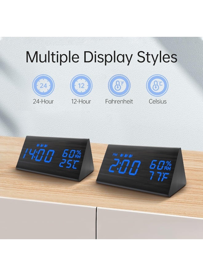 Digital Alarm Clock, With Wooden Electronic Led Time Display, 3 Alarm Settings, Humidity And Temperature Detect, Wood Made Electric Clocks For Bedroom, Bedside, Blue Digit Display