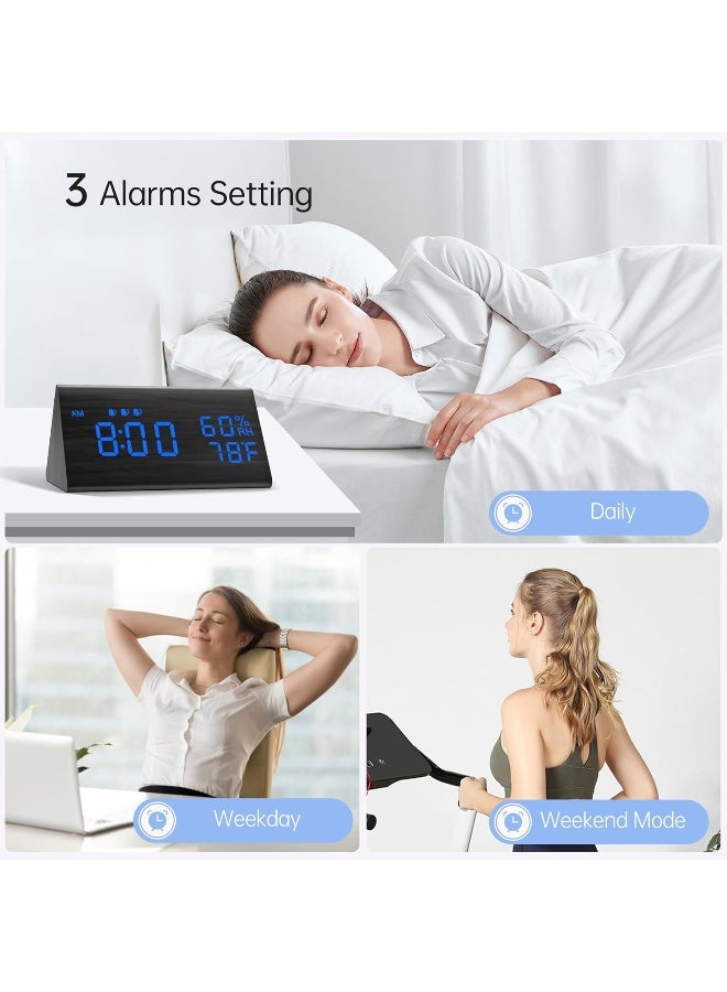 Digital Alarm Clock, With Wooden Electronic Led Time Display, 3 Alarm Settings, Humidity And Temperature Detect, Wood Made Electric Clocks For Bedroom, Bedside, Blue Digit Display