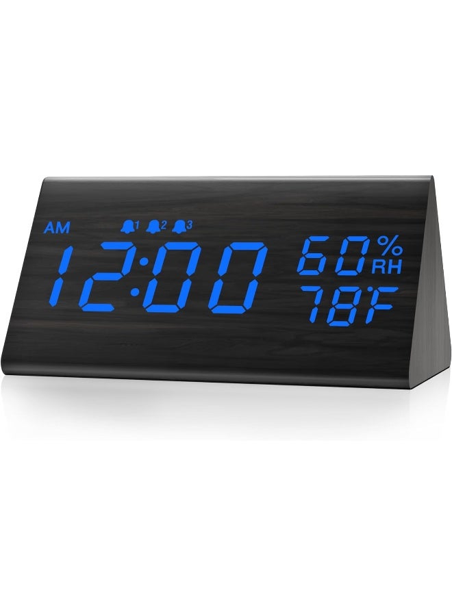 Digital Alarm Clock, With Wooden Electronic Led Time Display, 3 Alarm Settings, Humidity And Temperature Detect, Wood Made Electric Clocks For Bedroom, Bedside, Blue Digit Display