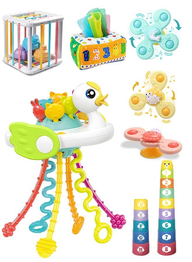 5 in 1 Baby Sensory Toys 6-12-18 Months, Pull String Teether, Stacking Blocks, Sensory Shapes and Colorful Storage Bin, Infant Bath Time Fun, Learning Toddler Toys