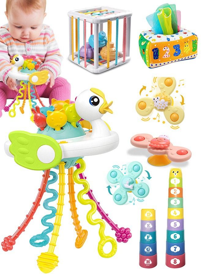 5 in 1 Baby Sensory Toys 6-12-18 Months, Pull String Teether, Stacking Blocks, Sensory Shapes and Colorful Storage Bin, Infant Bath Time Fun, Learning Toddler Toys