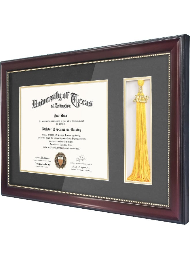 11X17 Mahogany Diploma Frame With Tassel Holder For 8.5X11 Certificate Document, Real Glass, Black Over Gold Mat
