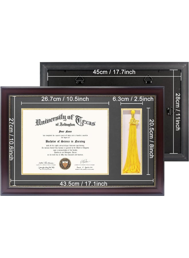 11X17 Mahogany Diploma Frame With Tassel Holder For 8.5X11 Certificate Document, Real Glass, Black Over Gold Mat