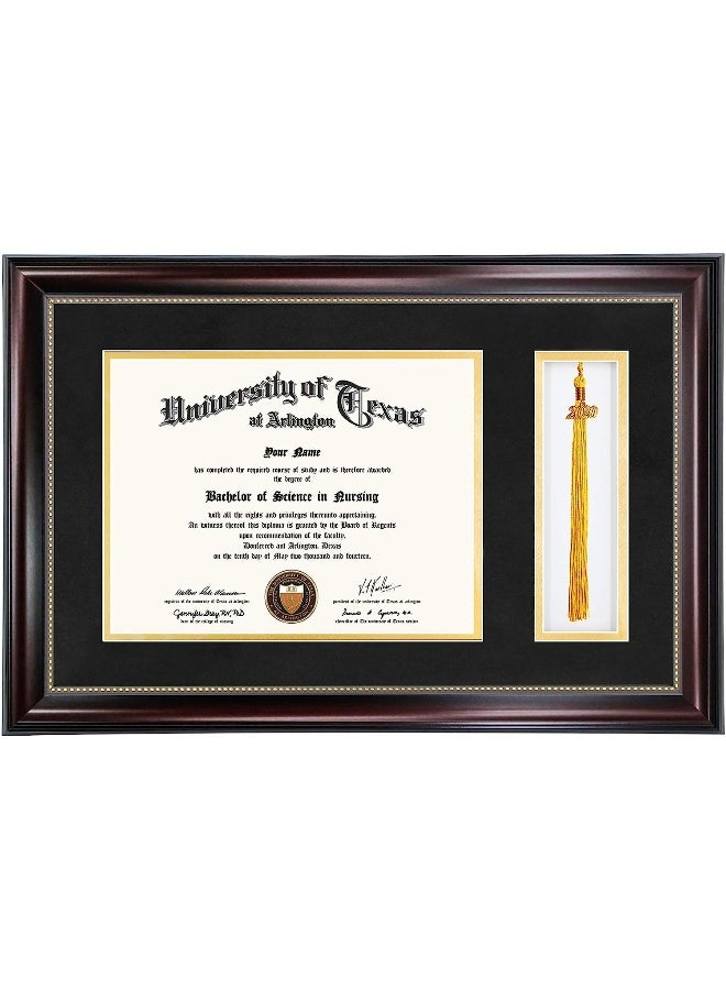11X17 Mahogany Diploma Frame With Tassel Holder For 8.5X11 Certificate Document, Real Glass, Black Over Gold Mat