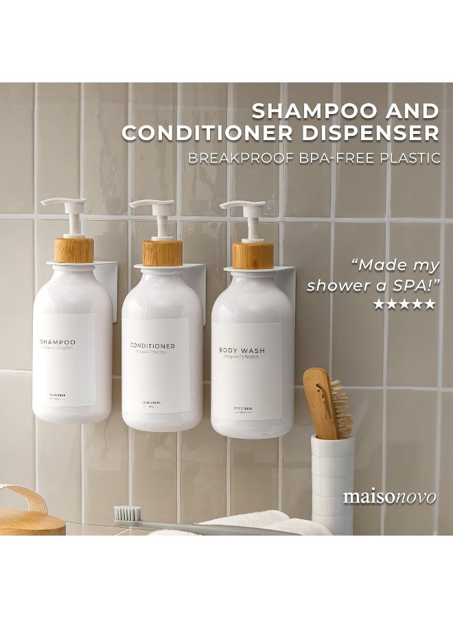 Maisonovo  Shampoo And Conditioner Dispenser With Wall Mounts | Set Of 4 White Plastic Bottles Bamboo Pump