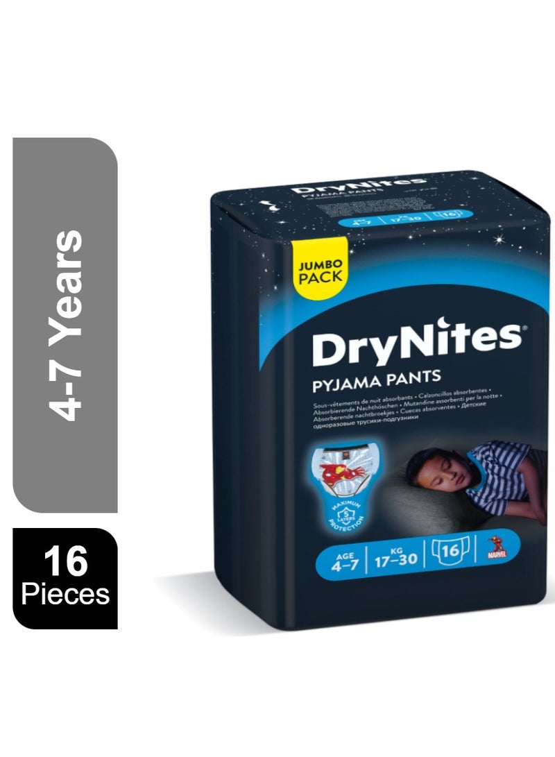 Huggies DryNites Pyjama Pants, 4-7 years, Bed Wetting Diaper, Boys, 17-30 kg, Value Pack, 16 Pants