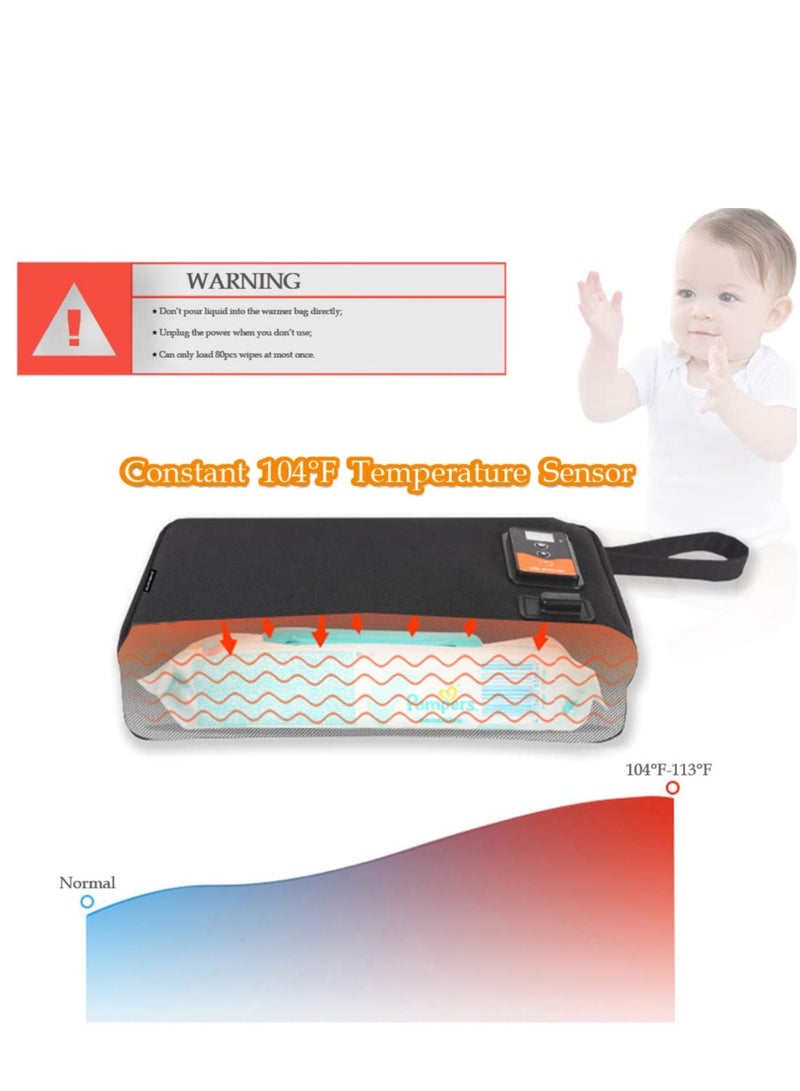 Portable Car Wipes Heater with Digital Display, USB Baby Thermostat Heating Bag, Adjustable Temperature, Holds Up to 80 Wipes for Home, Travel, and Camping