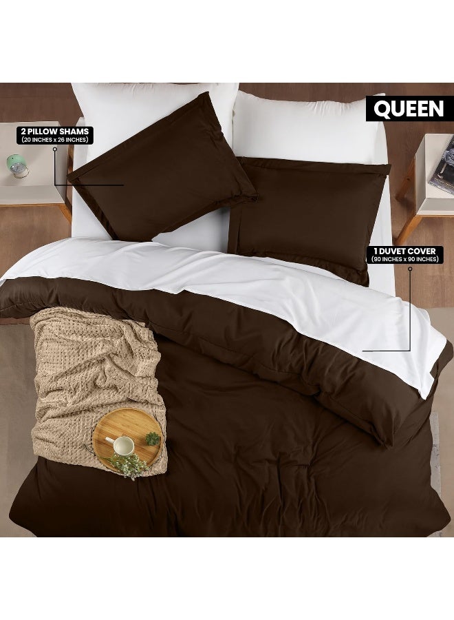 Duvet Cover Queen Size Set - 1 Duvet Cover With 2 Pillow Shams - 3 Pieces Comforter Cover With Zipper Closure - Ultra Soft Brushed Microfiber, 90 X 90 Inches (Queen, Brown)