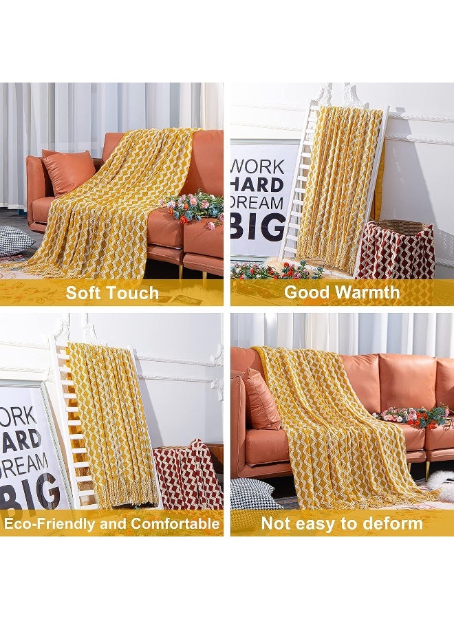 Acrylic Knitted Throw Blanket, Lightweight And Soft Cozy Decorative Woven Blanket With Tassels For Travel, Couch, Bed, Sofa, 51X67 Inches, Mustard Yellow Wave