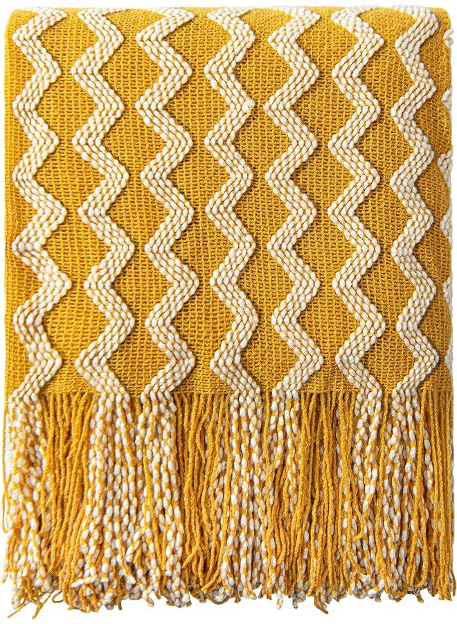 Acrylic Knitted Throw Blanket, Lightweight And Soft Cozy Decorative Woven Blanket With Tassels For Travel, Couch, Bed, Sofa, 51X67 Inches, Mustard Yellow Wave