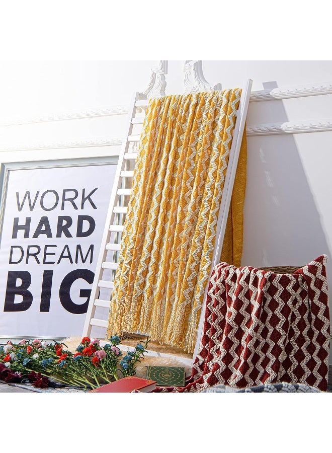 Acrylic Knitted Throw Blanket, Lightweight And Soft Cozy Decorative Woven Blanket With Tassels For Travel, Couch, Bed, Sofa, 51X67 Inches, Mustard Yellow Wave