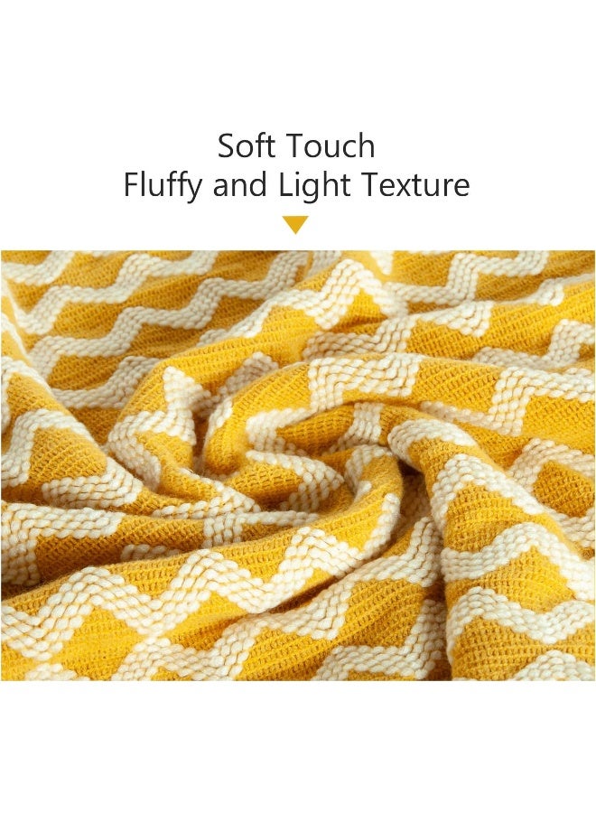 Acrylic Knitted Throw Blanket, Lightweight And Soft Cozy Decorative Woven Blanket With Tassels For Travel, Couch, Bed, Sofa, 51X67 Inches, Mustard Yellow Wave