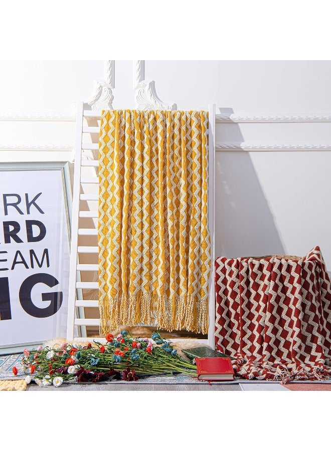 Acrylic Knitted Throw Blanket, Lightweight And Soft Cozy Decorative Woven Blanket With Tassels For Travel, Couch, Bed, Sofa, 51X67 Inches, Mustard Yellow Wave