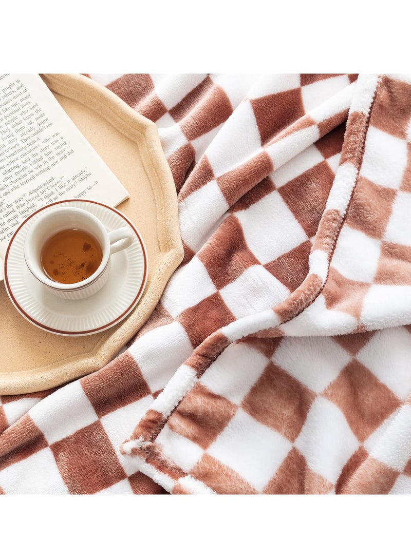 Soft Throw Blanket, Reversible Checkerboard Caramel, Warm Cozy Fluffy Plush Lightweight Blanket for Couch, Sofa, Bed