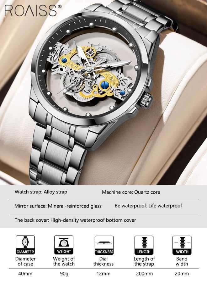 Men's Alloy Strap Quartz Watch Analog Display Round Transparent Hollow Dial Imitating Mechanical Watch Design Waterproof Luminous Wristwatch as Gift for Men