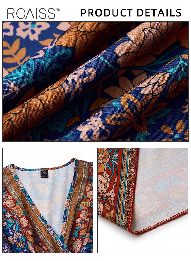 Beach Floral Print Dress for Women Bohemian Elegant V-Neck Waist-Tie Short Sleeve Dress Ladies Vintage Butterfly Sleeve Ruffle Trim Pleated Maxi Dress in Comfortable and Skin-Friendly Fabric