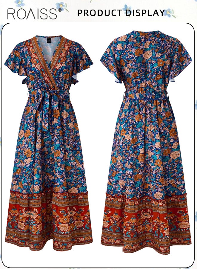 Beach Floral Print Dress for Women Bohemian Elegant V-Neck Waist-Tie Short Sleeve Dress Ladies Vintage Butterfly Sleeve Ruffle Trim Pleated Maxi Dress in Comfortable and Skin-Friendly Fabric