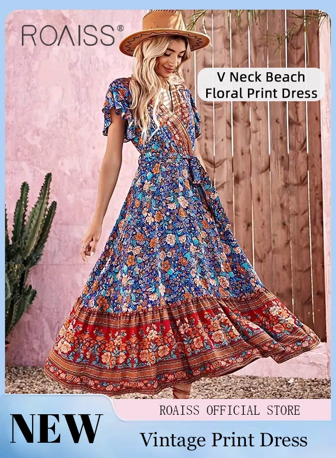 Beach Floral Print Dress for Women Bohemian Elegant V-Neck Waist-Tie Short Sleeve Dress Ladies Vintage Butterfly Sleeve Ruffle Trim Pleated Maxi Dress in Comfortable and Skin-Friendly Fabric