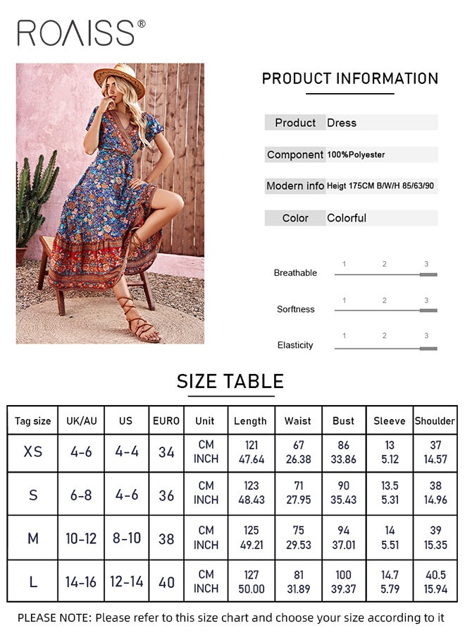 Beach Floral Print Dress for Women Bohemian Elegant V-Neck Waist-Tie Short Sleeve Dress Ladies Vintage Butterfly Sleeve Ruffle Trim Pleated Maxi Dress in Comfortable and Skin-Friendly Fabric