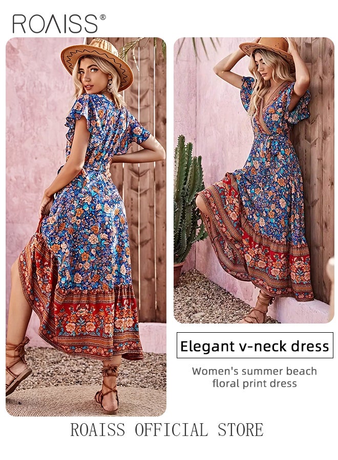 Beach Floral Print Dress for Women Bohemian Elegant V-Neck Waist-Tie Short Sleeve Dress Ladies Vintage Butterfly Sleeve Ruffle Trim Pleated Maxi Dress in Comfortable and Skin-Friendly Fabric