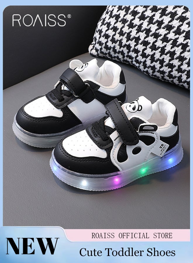 Toddler Shoes with LED Light for 1-6 Year Old Baby Children Cute Panda Pattern Natural Rubber Soft Sole Sneakers Kids Comfortable Breathable Anti Slip Outdoors Luminous Shoes with Velcro