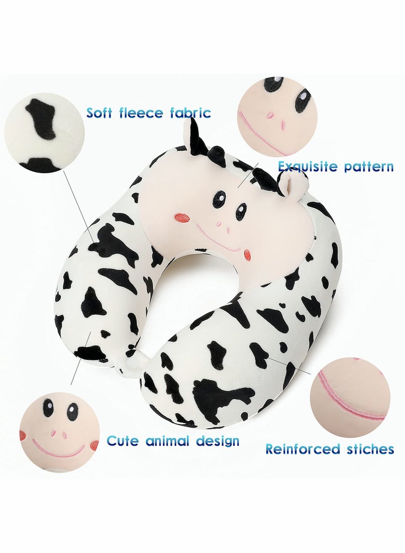 Travel Pillow for Kids and Adults Cute Animal Memory Foam Neck Pillow with Soft Fleece Cover and Eye Mask Set Airplane Pillow Travel Kit with Drawstring Organizer Bag Machine Washable (Cow)