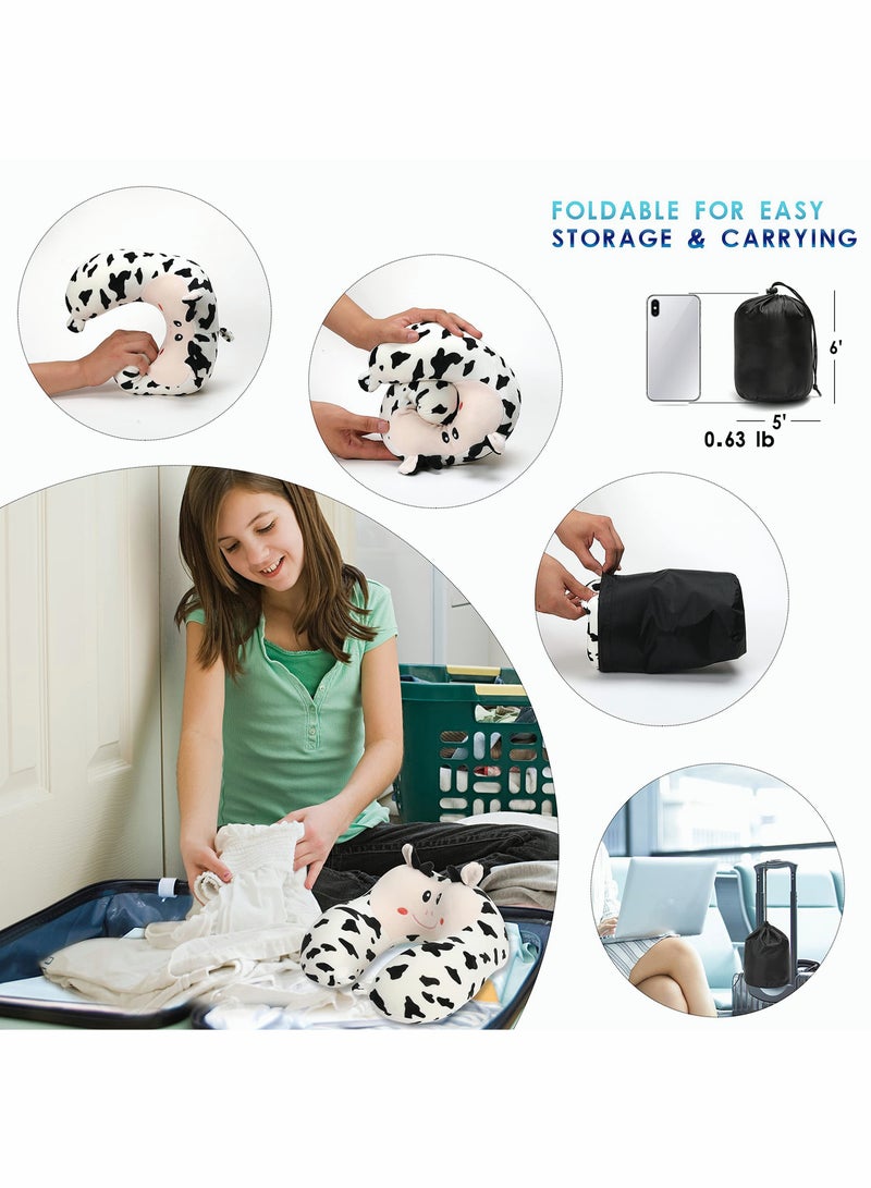 Travel Pillow for Kids and Adults Cute Animal Memory Foam Neck Pillow with Soft Fleece Cover and Eye Mask Set Airplane Pillow Travel Kit with Drawstring Organizer Bag Machine Washable (Cow)