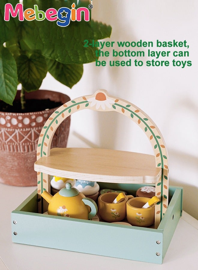 Wooden Tea Party Set for Little Girls, Toddler Tea Set Toys with Cupcake Stand & Play Food Kitchen Accessories, Wooden Pretend Play Toys for Toddlers 36 Month or 3+ Years Old Birthday Gift