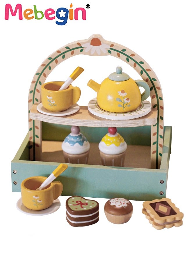 Wooden Tea Party Set for Little Girls, Toddler Tea Set Toys with Cupcake Stand & Play Food Kitchen Accessories, Wooden Pretend Play Toys for Toddlers 36 Month or 3+ Years Old Birthday Gift