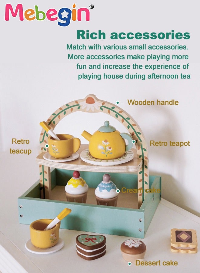 Wooden Tea Party Set for Little Girls, Toddler Tea Set Toys with Cupcake Stand & Play Food Kitchen Accessories, Wooden Pretend Play Toys for Toddlers 36 Month or 3+ Years Old Birthday Gift