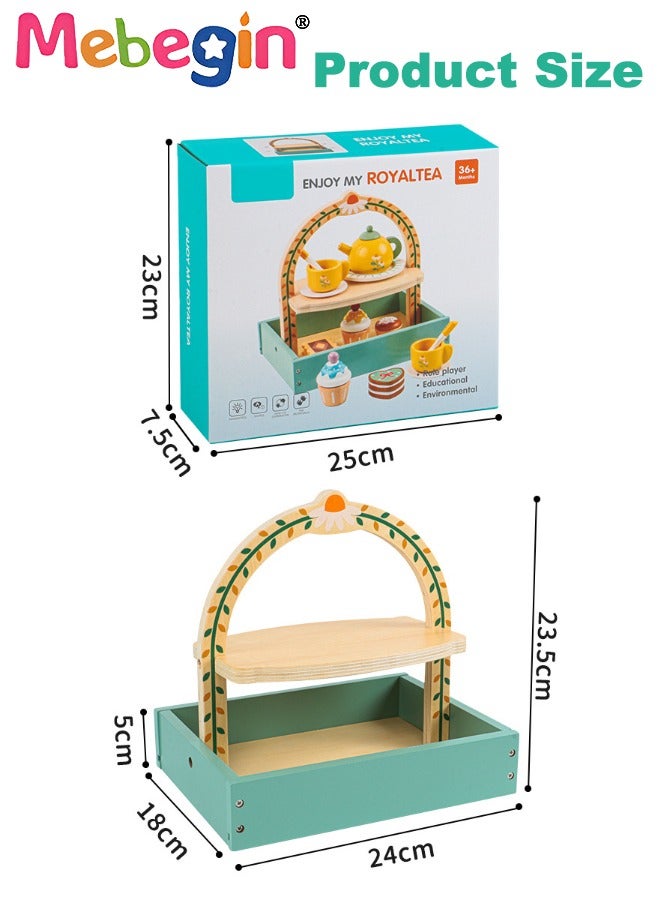 Wooden Tea Party Set for Little Girls, Toddler Tea Set Toys with Cupcake Stand & Play Food Kitchen Accessories, Wooden Pretend Play Toys for Toddlers 36 Month or 3+ Years Old Birthday Gift