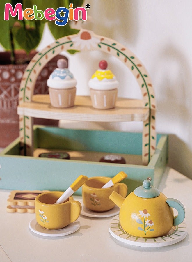 Wooden Tea Party Set for Little Girls, Toddler Tea Set Toys with Cupcake Stand & Play Food Kitchen Accessories, Wooden Pretend Play Toys for Toddlers 36 Month or 3+ Years Old Birthday Gift