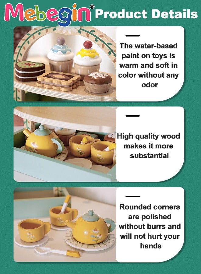 Wooden Tea Party Set for Little Girls, Toddler Tea Set Toys with Cupcake Stand & Play Food Kitchen Accessories, Wooden Pretend Play Toys for Toddlers 36 Month or 3+ Years Old Birthday Gift