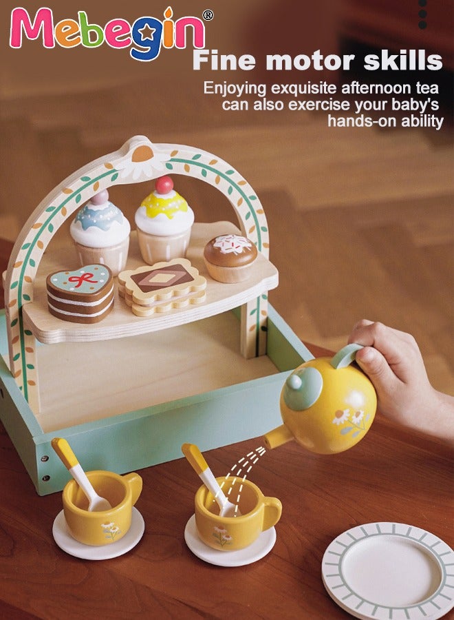 Wooden Tea Party Set for Little Girls, Toddler Tea Set Toys with Cupcake Stand & Play Food Kitchen Accessories, Wooden Pretend Play Toys for Toddlers 36 Month or 3+ Years Old Birthday Gift