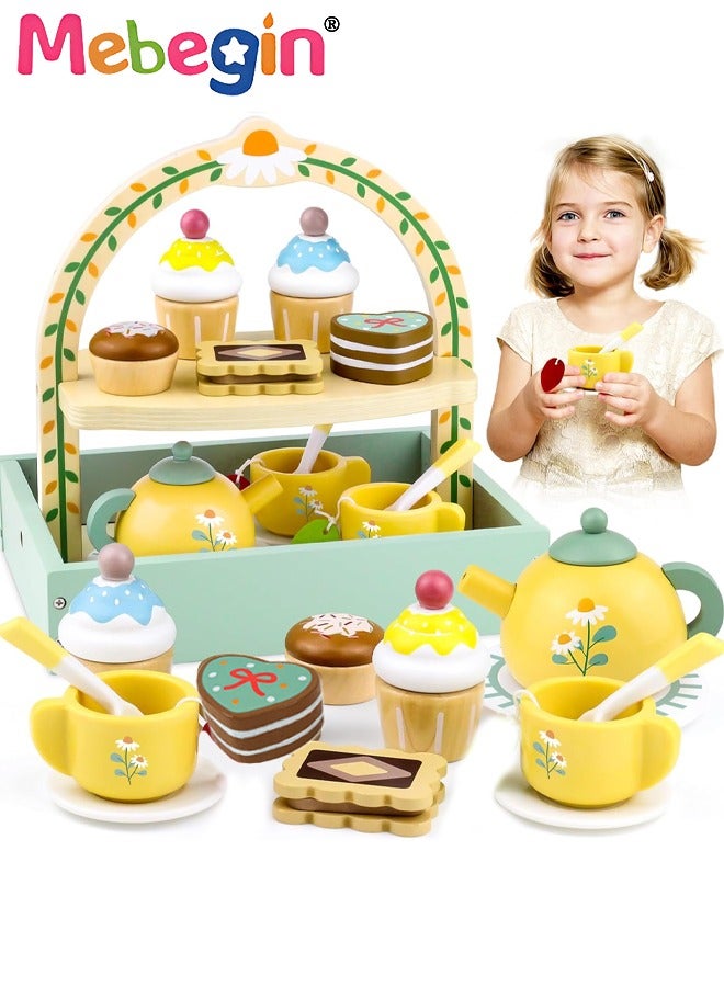 Wooden Tea Party Set for Little Girls, Toddler Tea Set Toys with Cupcake Stand & Play Food Kitchen Accessories, Wooden Pretend Play Toys for Toddlers 36 Month or 3+ Years Old Birthday Gift