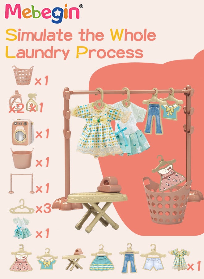 Pretend Play Household Toys Playset with Realistic Washing Machine, 6 Doll Dresses and 30cm Height Doll, Fun Laundry Set with Rich Accessaries, Creative Dress-up Toys, Ideal Gift for Kids
