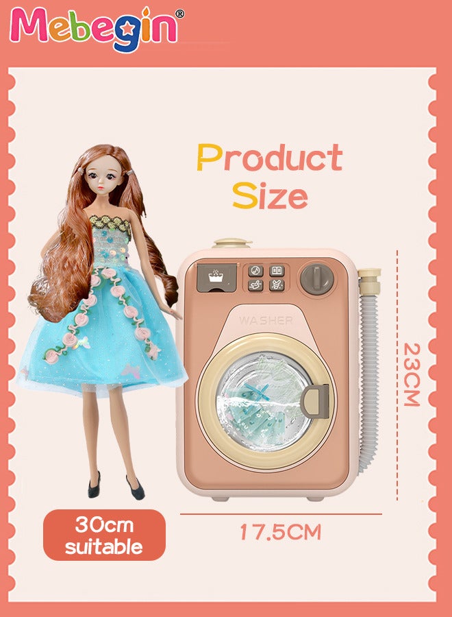 Pretend Play Household Toys Playset with Realistic Washing Machine, 6 Doll Dresses and 30cm Height Doll, Fun Laundry Set with Rich Accessaries, Creative Dress-up Toys, Ideal Gift for Kids