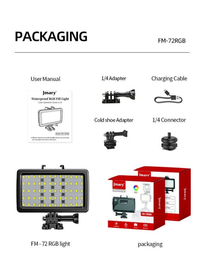 FM-72RGB Waterproof RGB Video Fill Light, 40m/130ft Depth, 5 Watt, 5000-6000K, 3 Color Modes, 3000mAh Rechargeable Battery