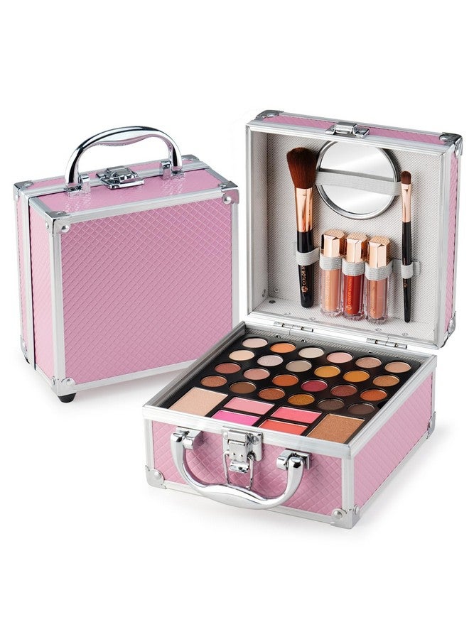 Beginner Makeup Kit For Teens With The Small Cosmetic Train Case Included 24Colors Eyeshadow Palette Blushes Bronzer Highlighter Lipstick Brushes Mirror(Pink)