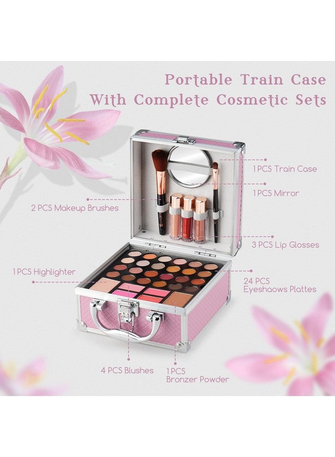 Beginner Makeup Kit For Teens With The Small Cosmetic Train Case Included 24Colors Eyeshadow Palette Blushes Bronzer Highlighter Lipstick Brushes Mirror(Pink)